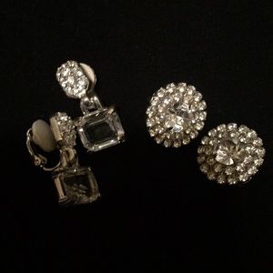 Two pair silver and crystal clip on earrings
